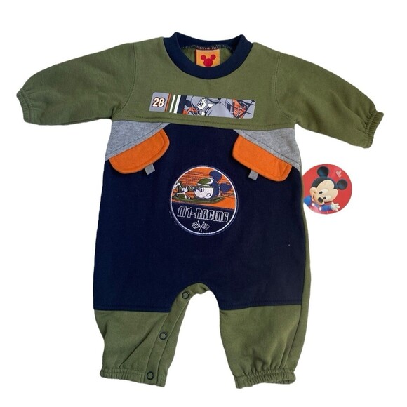 Vintage Disney Baby Mickey Mouse Racing Romper 0-6M Green Blue NWT - Picture 1 of 8